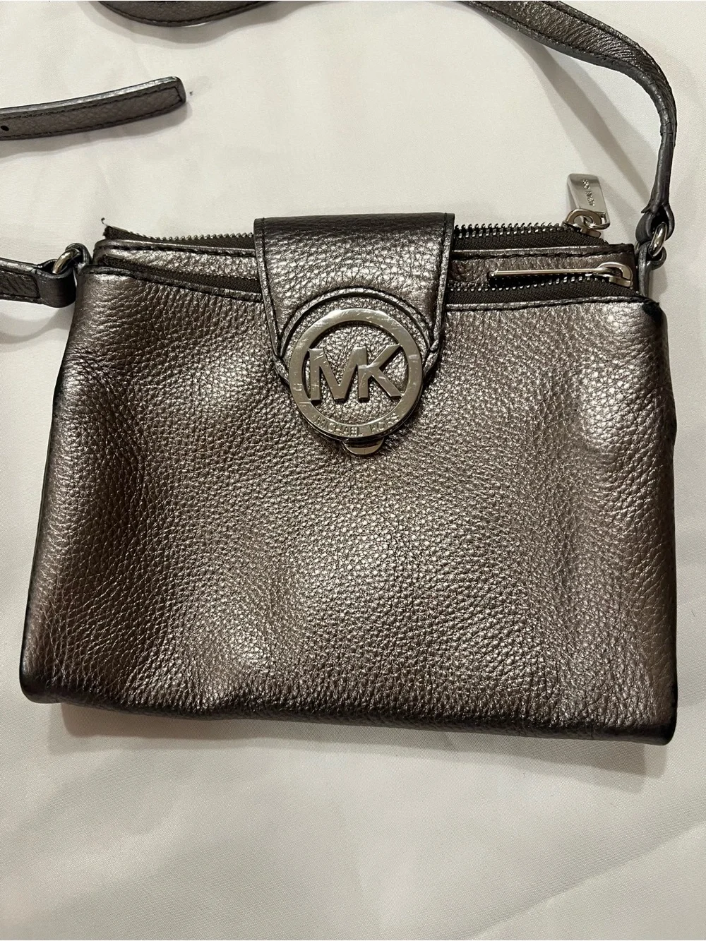 Michael Kors Metallic Charcoal Pebbled Leather Crossbody Bag